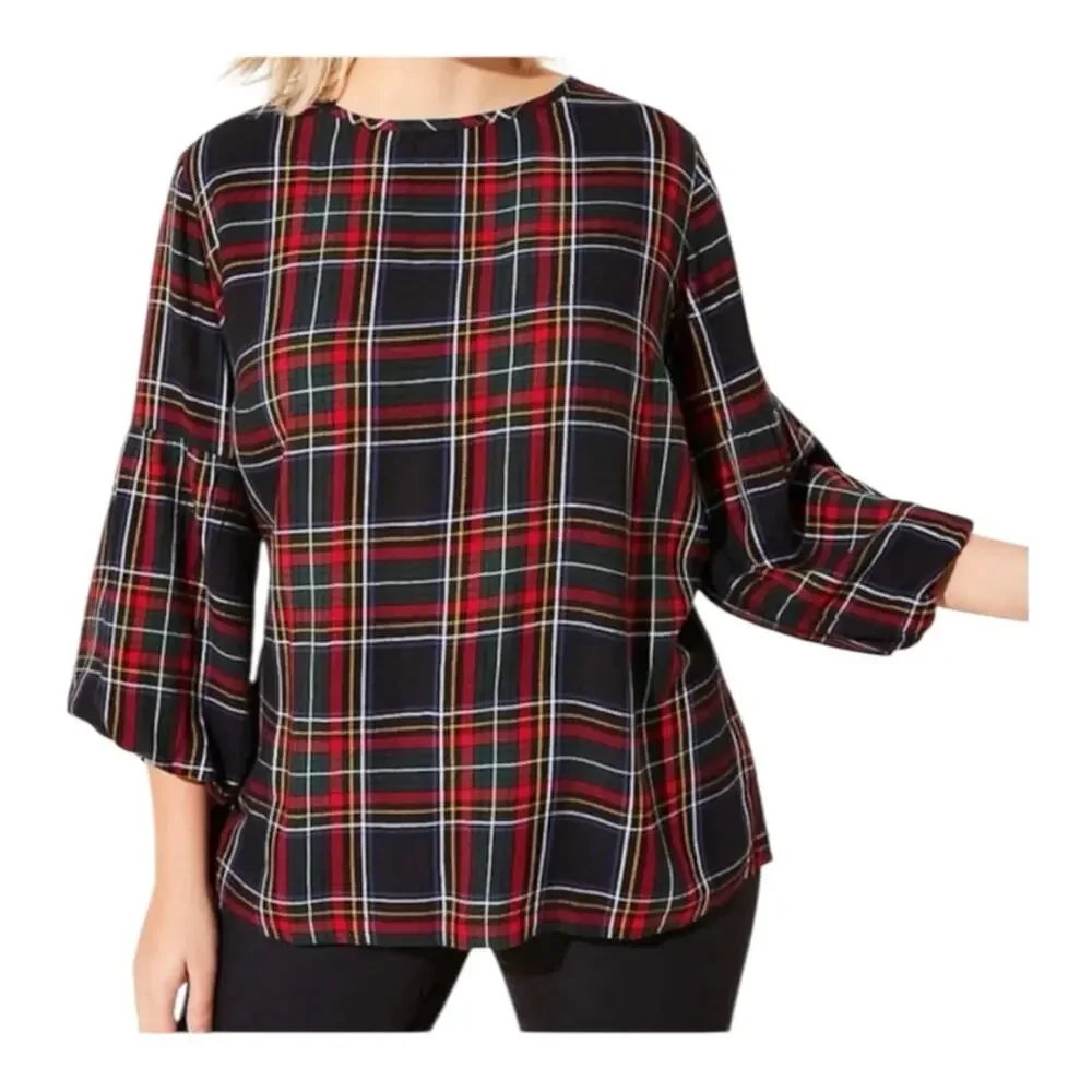 Loft size small red Plaid puff sleeve shirt button back holiday